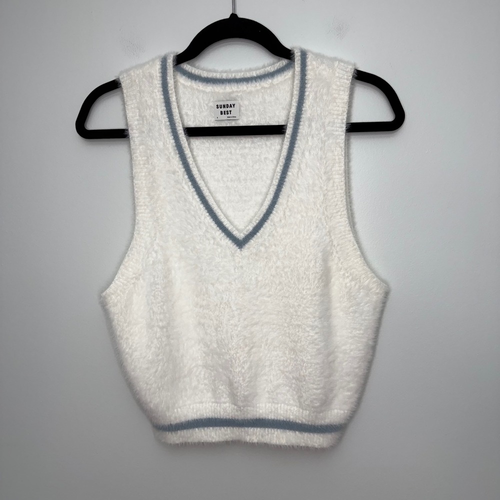 Sunday Best Aritzia Fuzzy Eyelash Knit Varsity Stripe V-Neck Sweater Vest S